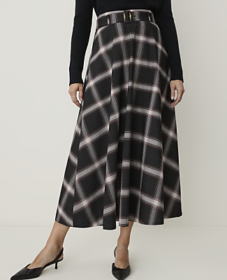 Petite Plaid Belted Full Midi Skirt