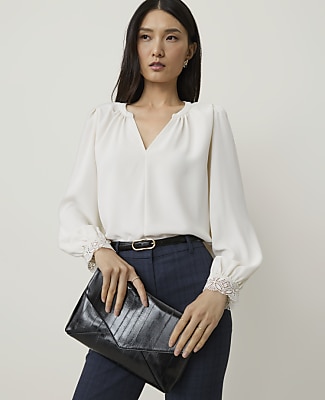 Ann Taylor Lace Trim Mixed Media Top In Winter White