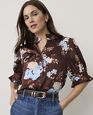 Ann Taylor Floral Ruffle Collar Shirt In French Mocha