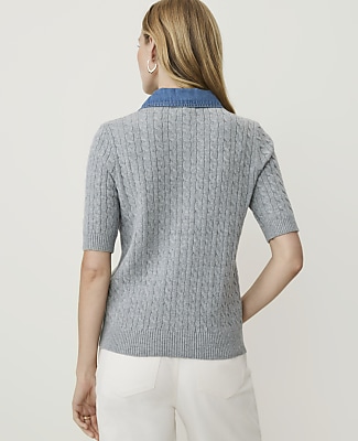Petite Weekend Denim Collar Cable Cardigan
