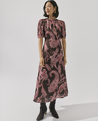 Paisley Puff Sleeve Midi Dress