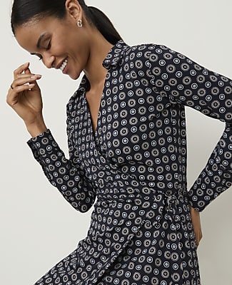 Geo Print Collared Wrap Midi Dress
