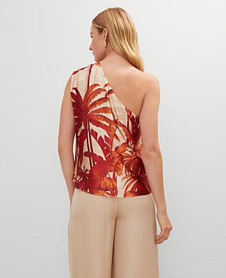 Studio Collection Silk One-Shoulder Top in Tropical Print