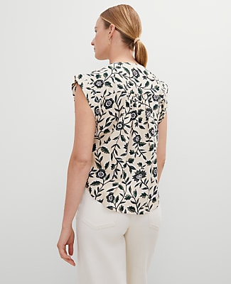 Petite Linen Blend Floral Pintucked Top