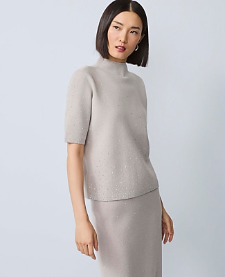 Embellished Mock Neck Sweater Tee