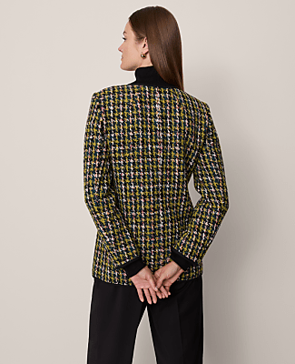 The Petite Long Crew Neck Jacket in Houndstooth Tweed