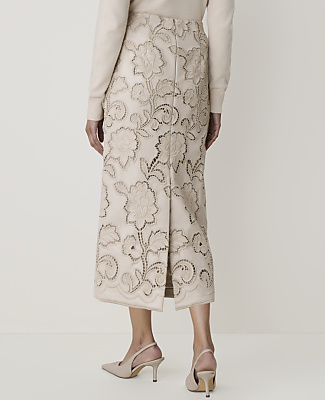 Embroidered Faux Leather Midi Skirt