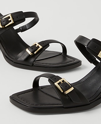 Double Strap Leather Block Heel Sandals