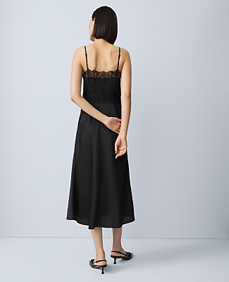 Lace Trim Satin Slip Midi Dress