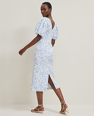 Petite Floral Linen Blend Puff Sleeve Sheath Dress