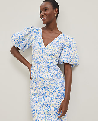 Petite Floral Linen Blend Puff Sleeve Sheath Dress