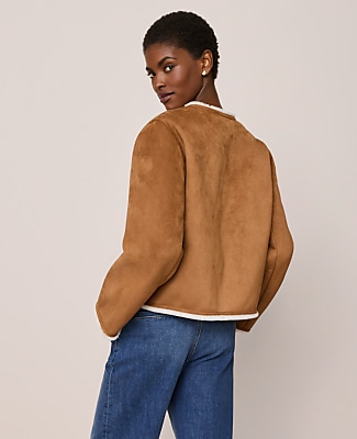 Faux Suede Crew Neck Jacket - White Fur/ Tan Suede