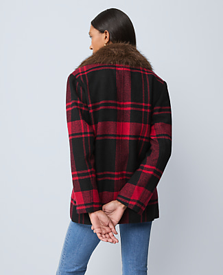 Weekend Plaid Faux Fur Trimmed Peacoat