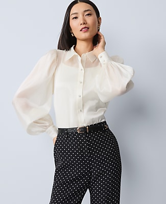 Petite Collared Shirred Yoke Button Down Shirt