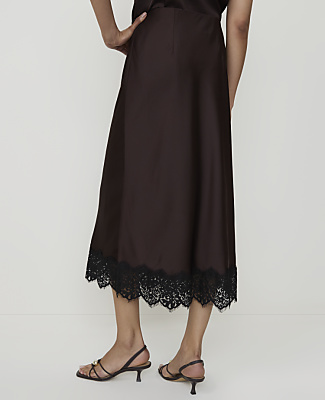 Ann Taylor Petite Lace Trim Midi Slip Skirt Satin French Mocha Women's