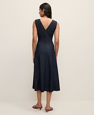 Petite V-Neck Chambray Flare Midi Dress