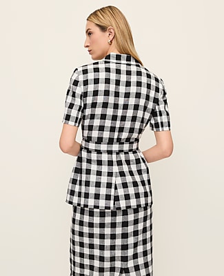 The Petite Belted Greenwich Blazer in Gingham Linen Blend