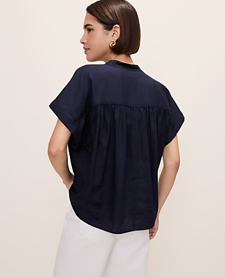 Petite Linen Blend Split Neck Blouse