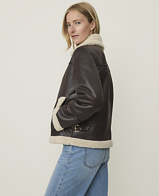 Petite Weekend Shearling Trim Moto Jacket in Faux Leather