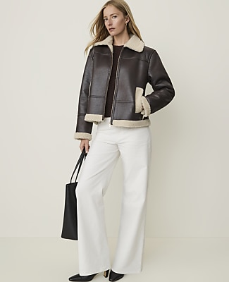 Petite Weekend Shearling Trim Moto Jacket in Faux Leather