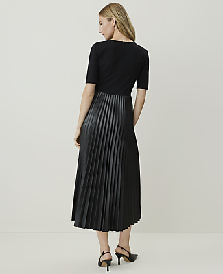 Petite Pleated Midi Dress in Faux Leather