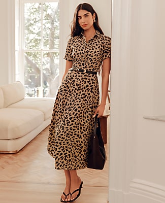 Animal Print Collared Midi Shirtdress