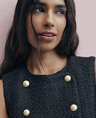 Crew Neck Button Shift Dress in Tweed