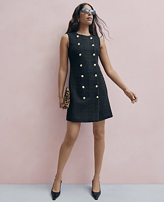 Crew Neck Button Shift Dress in Tweed