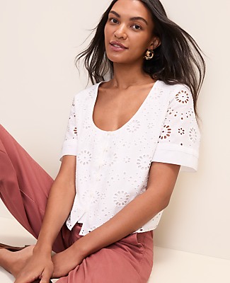 Petite Weekend Eyelet Scoop Neck Blouse