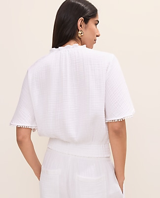 Petite Smocked Bobble Trim Blouse
