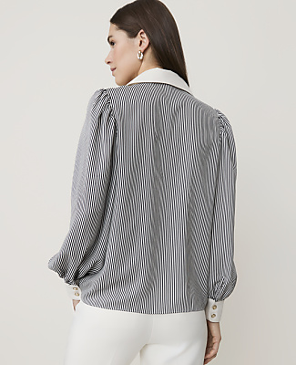 Petite Striped Split Neck Blouse in Satin