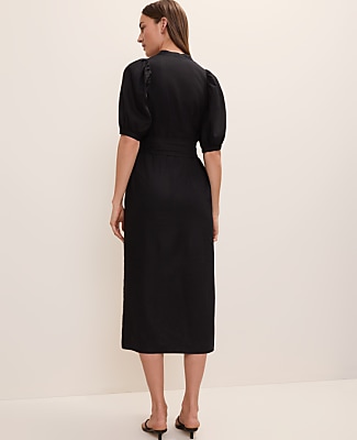 Petite Puff Sleeve Midi Dress in Linen Blend