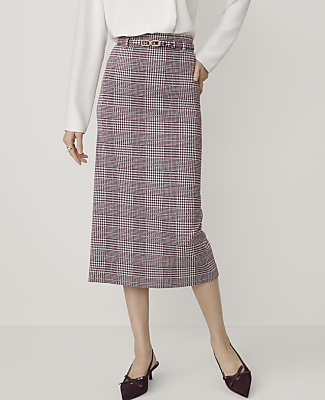 Plaid Belted Midi Pencil Skirt in Ponte