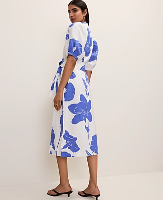 Petite Floral Puff Sleeve Midi Dress in Linen