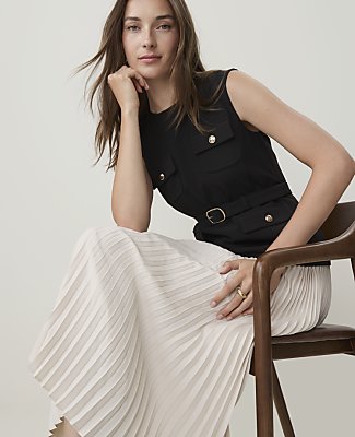 Petite Pleated Crew Neck Midi Dress
