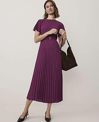 Ann Taylor Petite Pleated Flare Midi Dress In Purple Amaranth