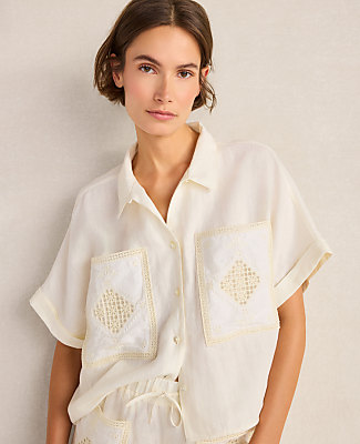 Ann Taylor Haven Well Within Organic Cotton Linen Embroidered Pocket Top