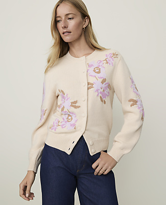 Ann Taylor Weekend Floral Jacquard Cardigan In Dusted Orchid