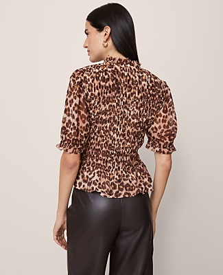 Animal Print Smocked Ruffled Top