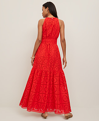 Petite Eyelet Halter Flare Maxi Dress