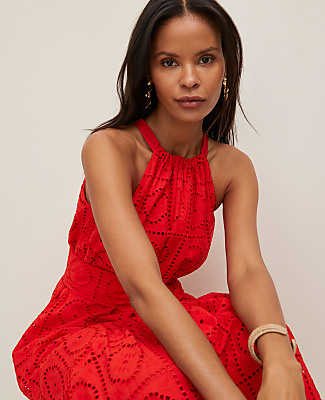 Petite Eyelet Halter Flare Maxi Dress