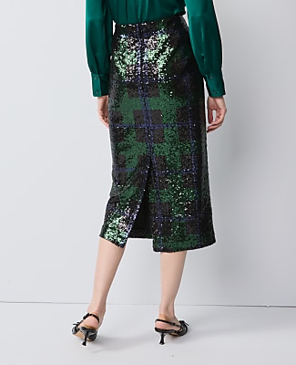 Sequin Plaid Column Midi Skirt