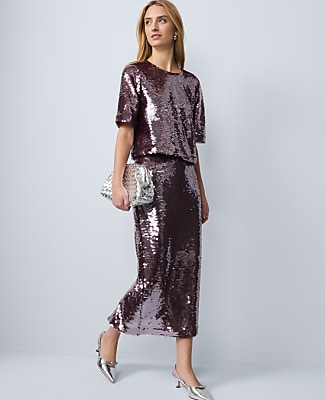 Petite Sequin Crew Neck Blouse