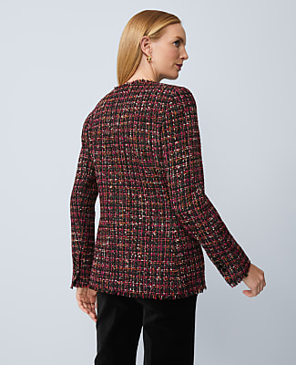 The Petite Long V-Neck Sequin Tweed Jacket