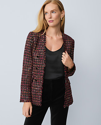 The Petite Long V-Neck Sequin Tweed Jacket