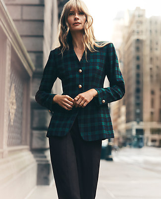 The Petite Long Collarless Blazer in Plaid