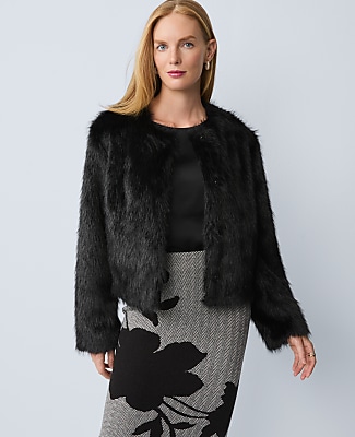 Petite Faux Fur Crew Neck Jacket