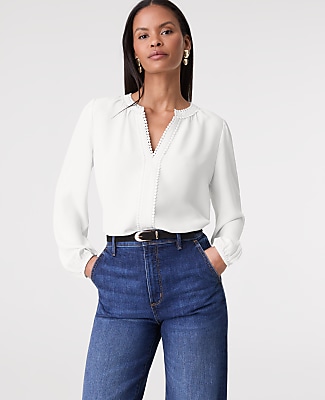 Bobble Trim V-Neck Blouse