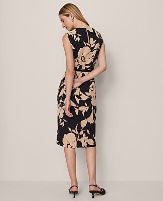 Floral Twist Neck Midi Sheath Dress