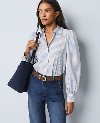 Weekend Striped Ruffle Collar Blouse